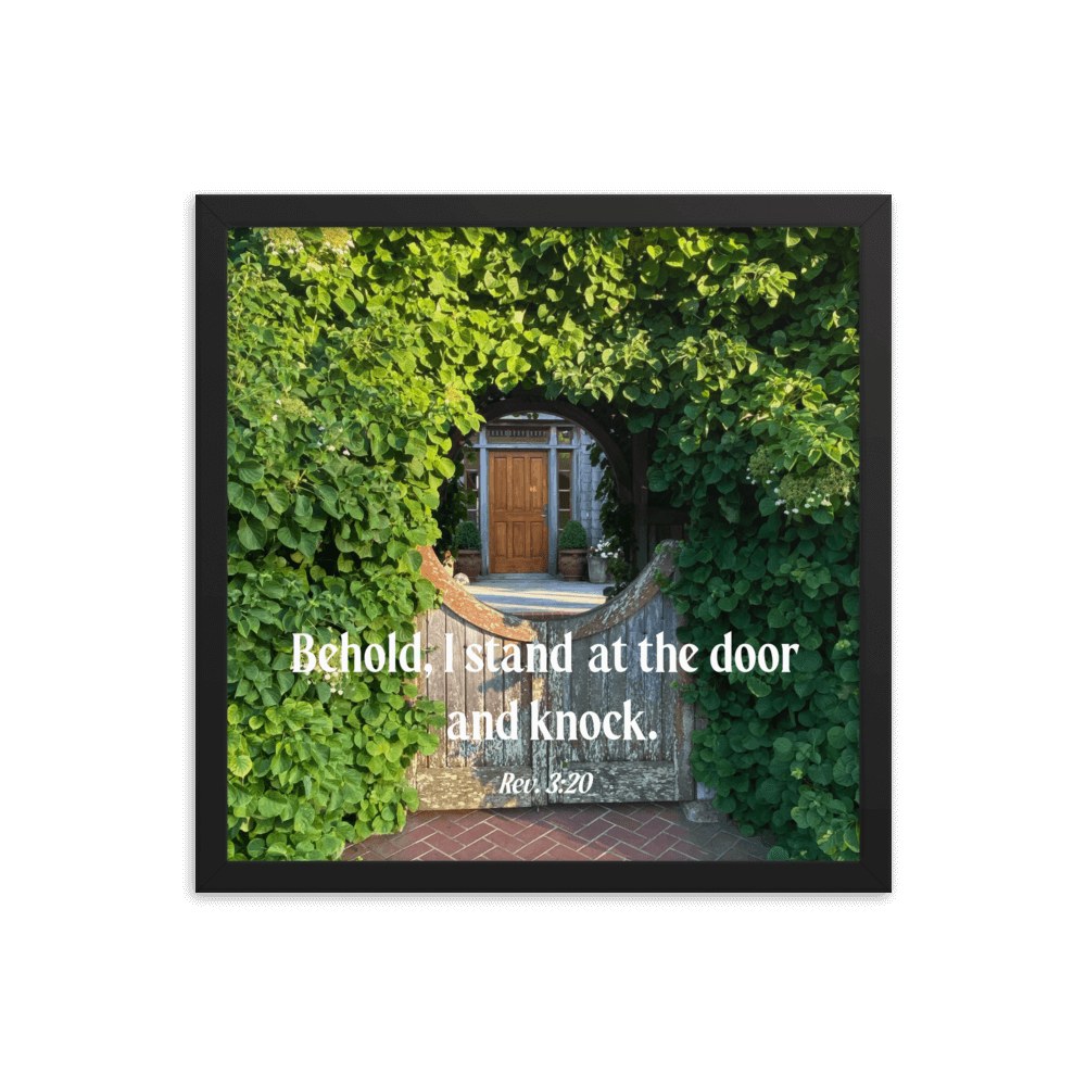 Revelation 3:20 Bible Verse, Garden Doorway Enhanced Matte Paper Framed Poster Wall Art Black 16″×16″