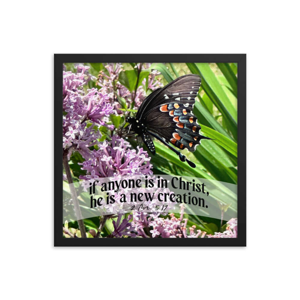 2 Corinthians 5:17 Bible Verse, Butterfly Enhanced Matte Paper Framed Poster Wall Art Black 16″×16″