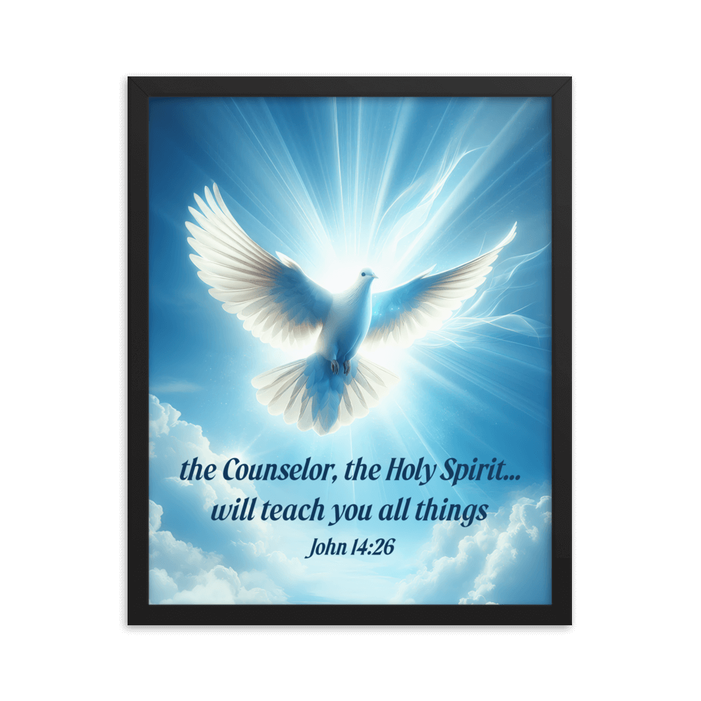 John 14:26 Bible Verse, Holy Spirit Dove Enhanced Matte Paper Framed Poster Wall Art Black 16″×20″