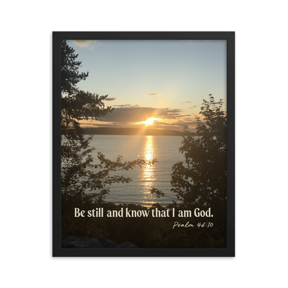 Psalm 46:10 Bible Verse, Sunset Glory Enhanced Matte Paper Framed Poster Wall Art Black 16″×20″