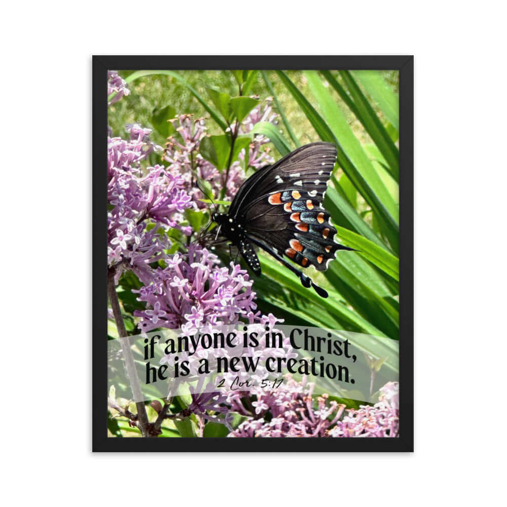 2 Corinthians 5:17 Bible Verse, Butterfly Enhanced Matte Paper Framed Poster Wall Art Black 16″×20″