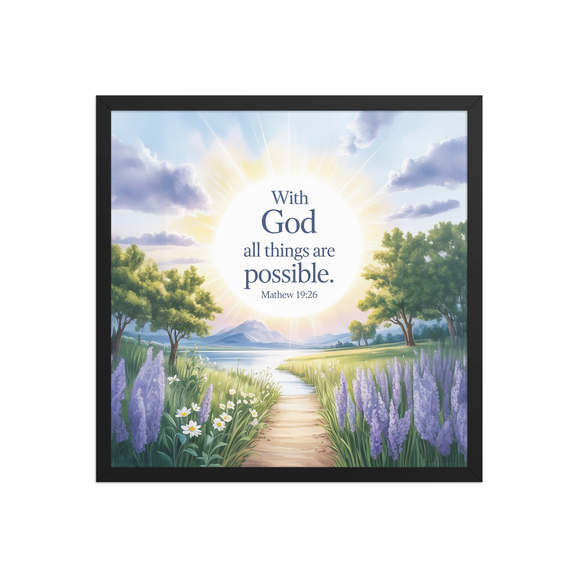 Matthew 19:26 Bible Verse Looking at Enhanced Matte Paper Framed Poster Black 18″×18″