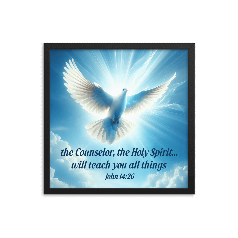 John 14:26 Bible Verse, Holy Spirit Dove Enhanced Matte Paper Framed Poster Wall Art Black 18″×18″