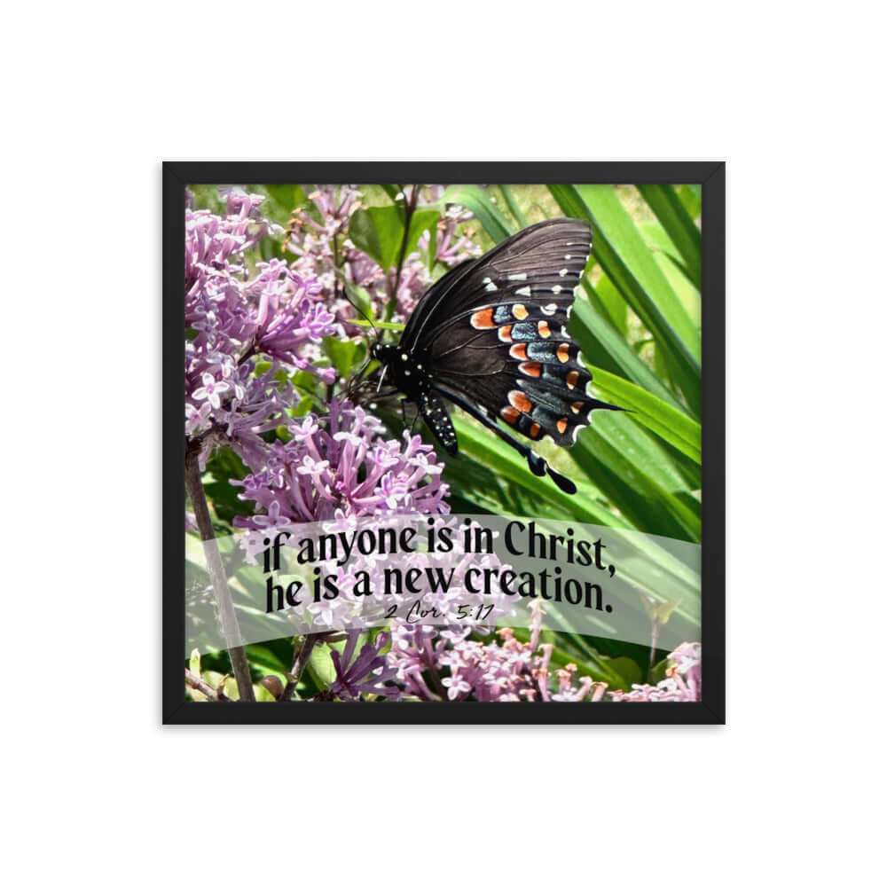 2 Corinthians 5:17 Bible Verse, Butterfly Enhanced Matte Paper Framed Poster Wall Art Black 18″×18″