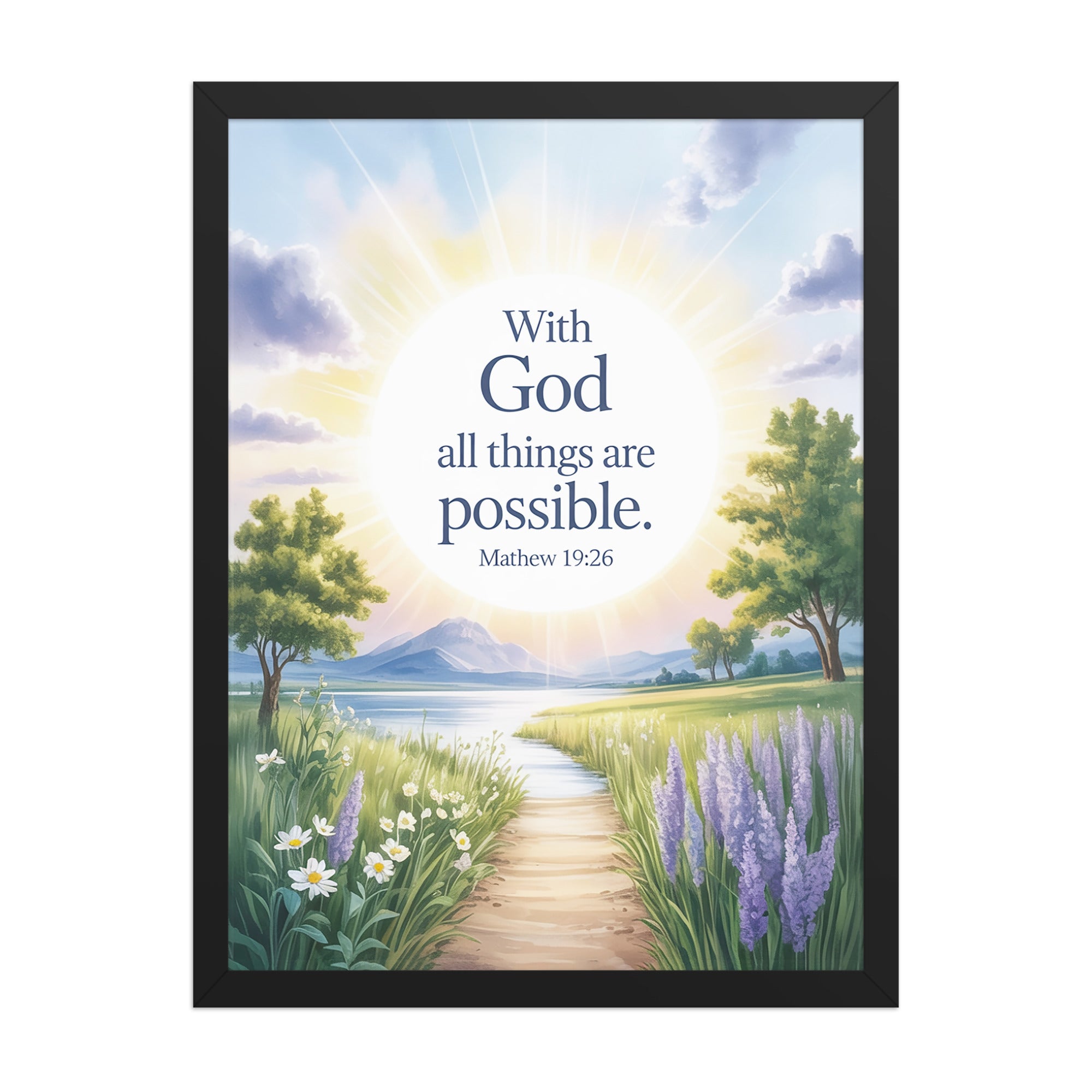 Matthew 19:26 Bible Verse Looking at Enhanced Matte Paper Framed Poster Black 18″×24″