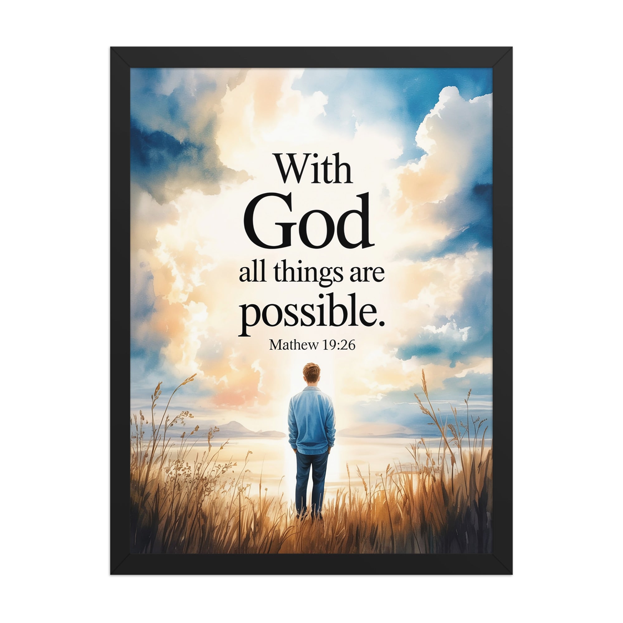 Matthew 19:26 Bible Verse Jesus Enhanced Matte Paper Framed Poster Black 18″×24″