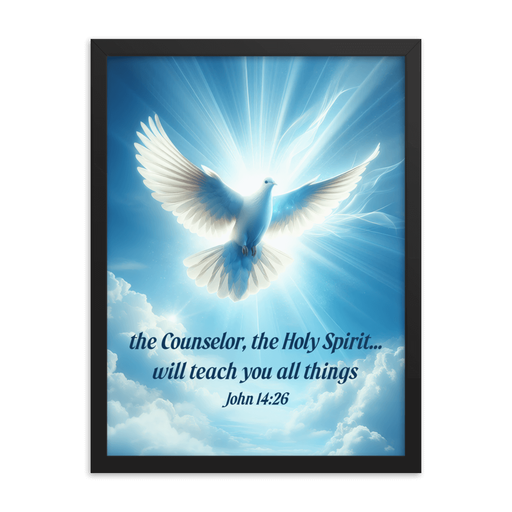 John 14:26 Bible Verse, Holy Spirit Dove Enhanced Matte Paper Framed Poster Wall Art Black 18″×24″