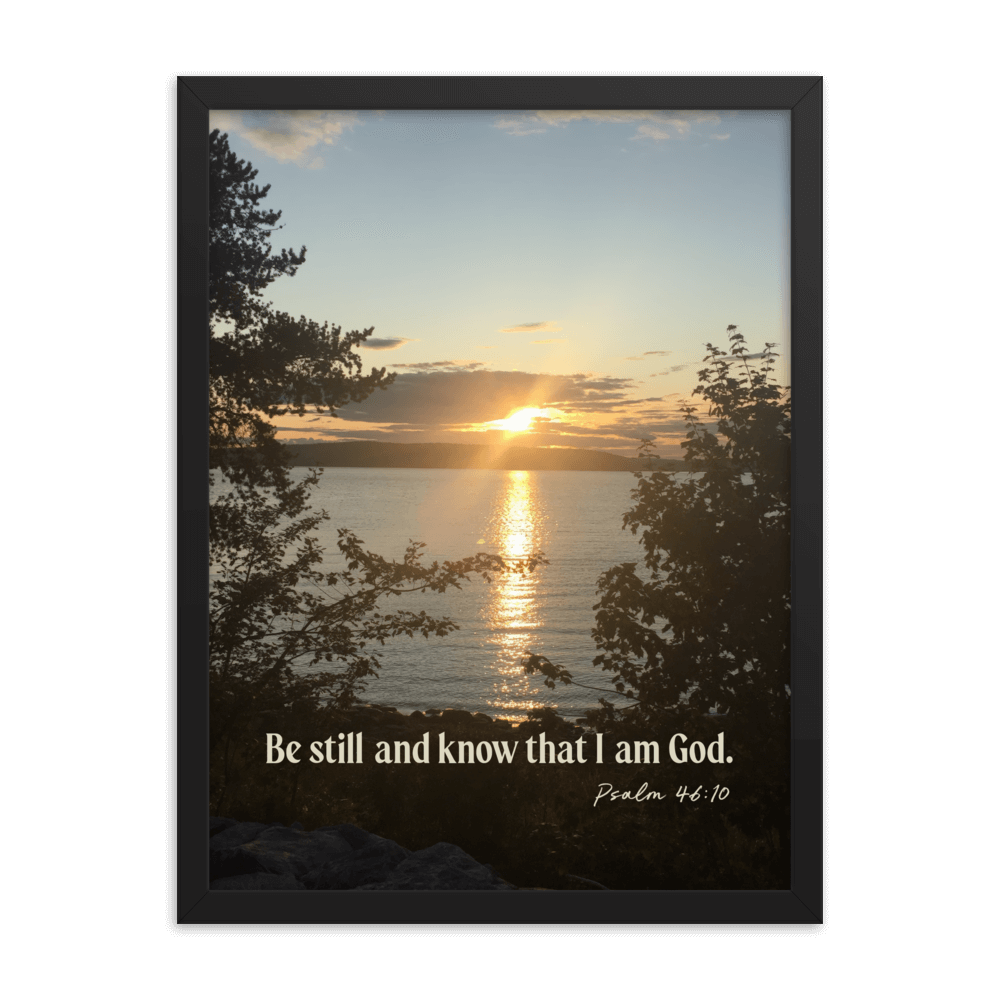 Psalm 46:10 Bible Verse, Sunset Glory Enhanced Matte Paper Framed Poster Wall Art Black 18″×24″