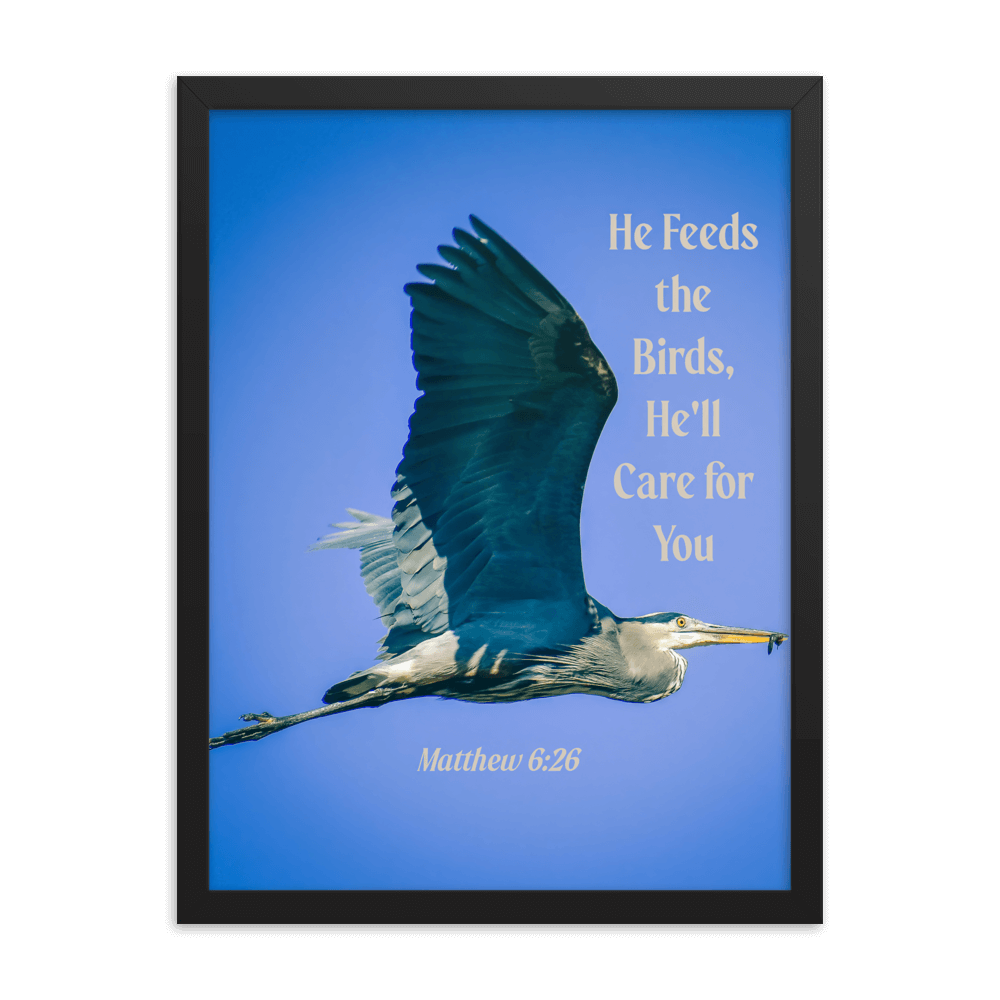 Matthew 6:26 Graceful Heron, He'll Care for You Enhanced Matte Paper Framed Poster Wall Art Black 18″×24″