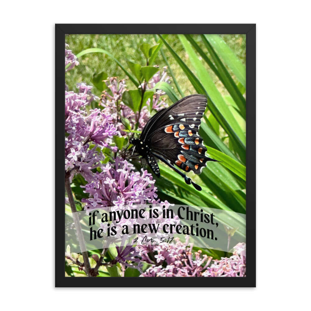 2 Corinthians 5:17 Bible Verse, Butterfly Enhanced Matte Paper Framed Poster Wall Art Black 18″×24″