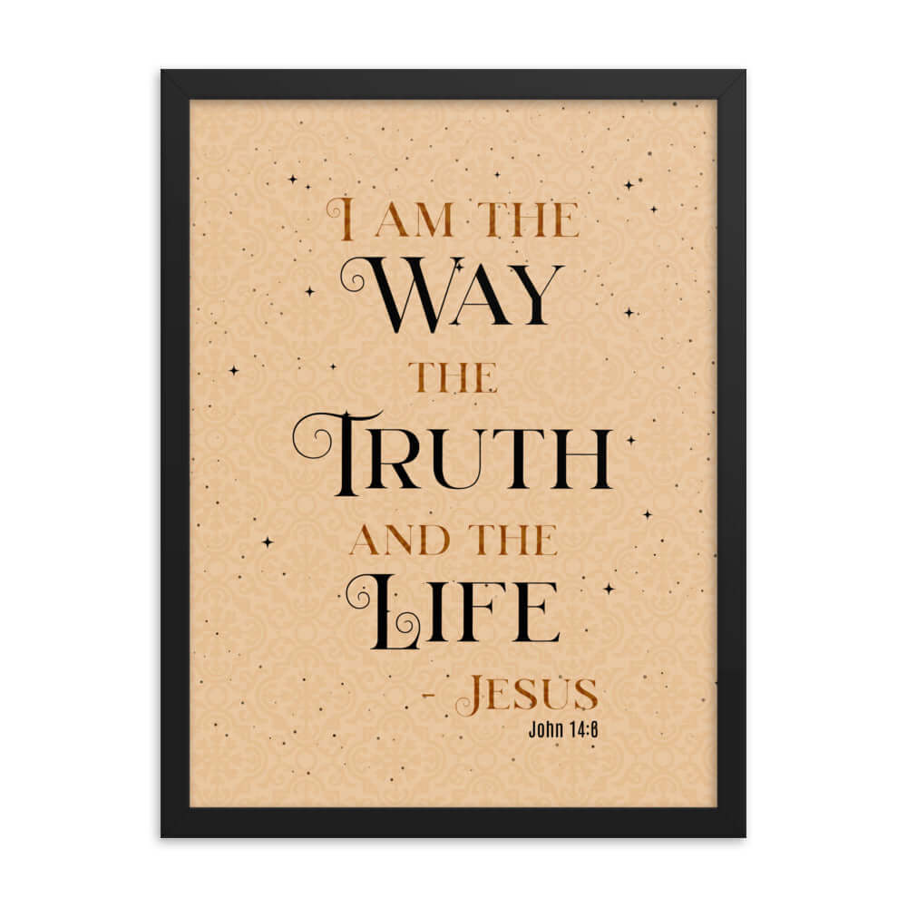 John 14:6 Bible Verse, Color Text Brown Background Enhanced Matte Paper Framed Poster Wall Art Black 18″×24″