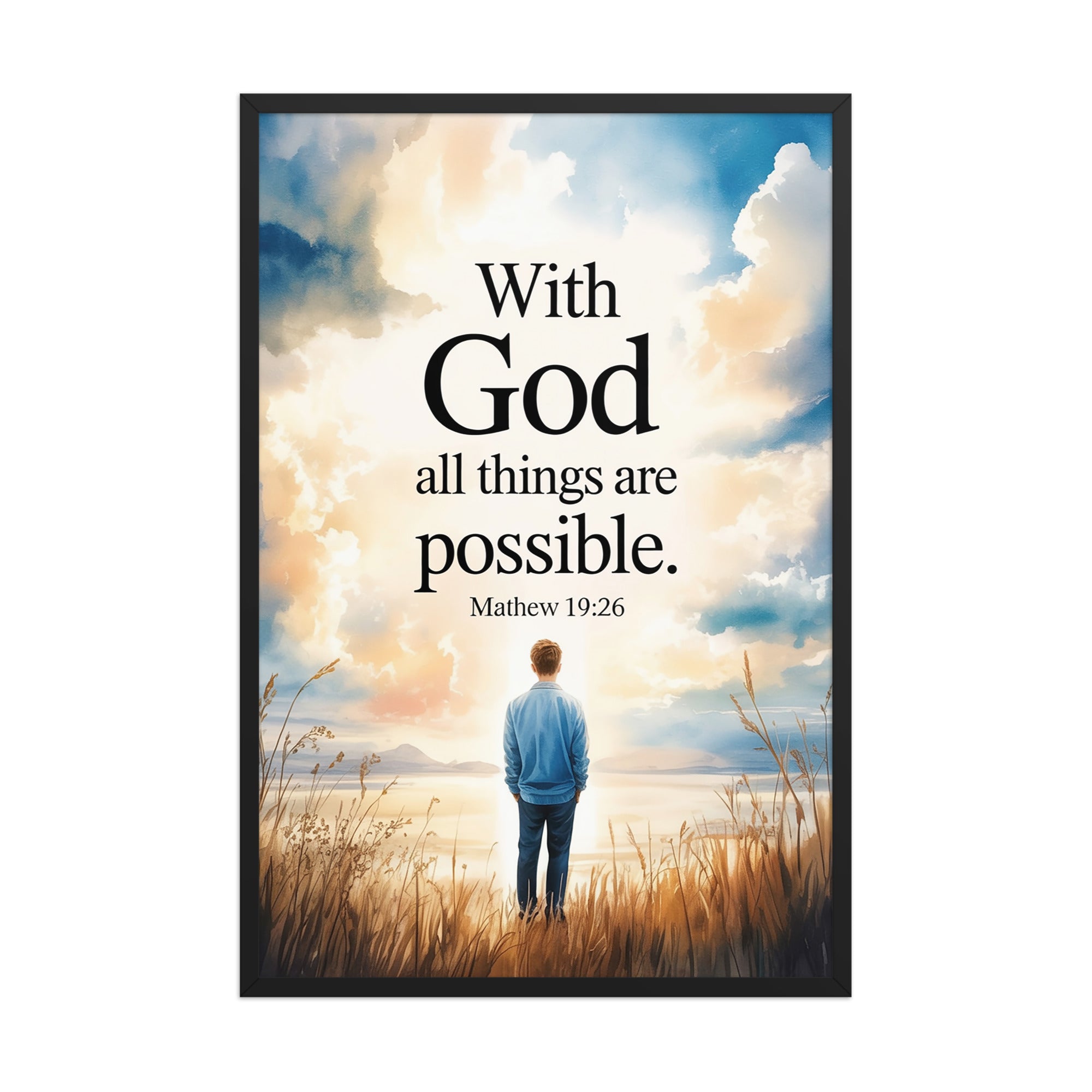Matthew 19:26 Bible Verse Jesus Enhanced Matte Paper Framed Poster Black 24″×36″
