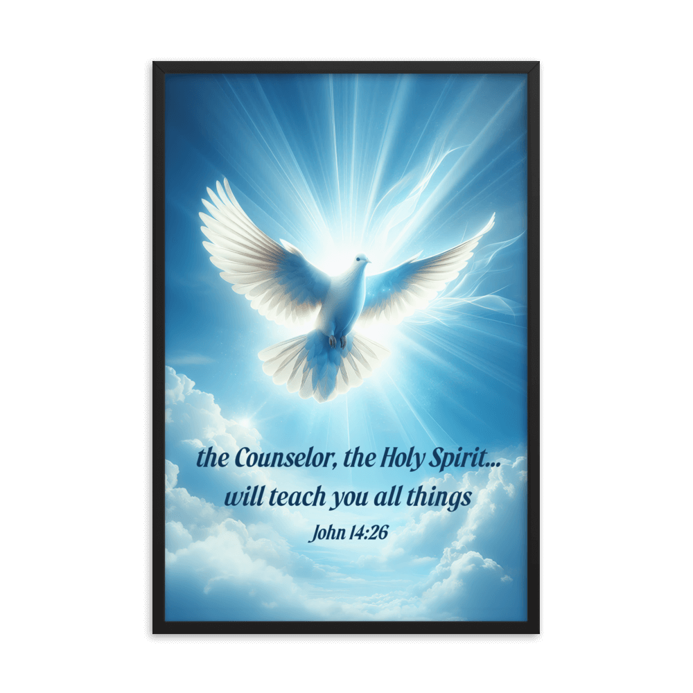 John 14:26 Bible Verse, Holy Spirit Dove Enhanced Matte Paper Framed Poster Wall Art Black 24″×36″