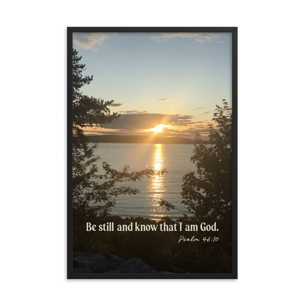 Psalm 46:10 Bible Verse, Sunset Glory Enhanced Matte Paper Framed Poster Wall Art Black 24″×36″