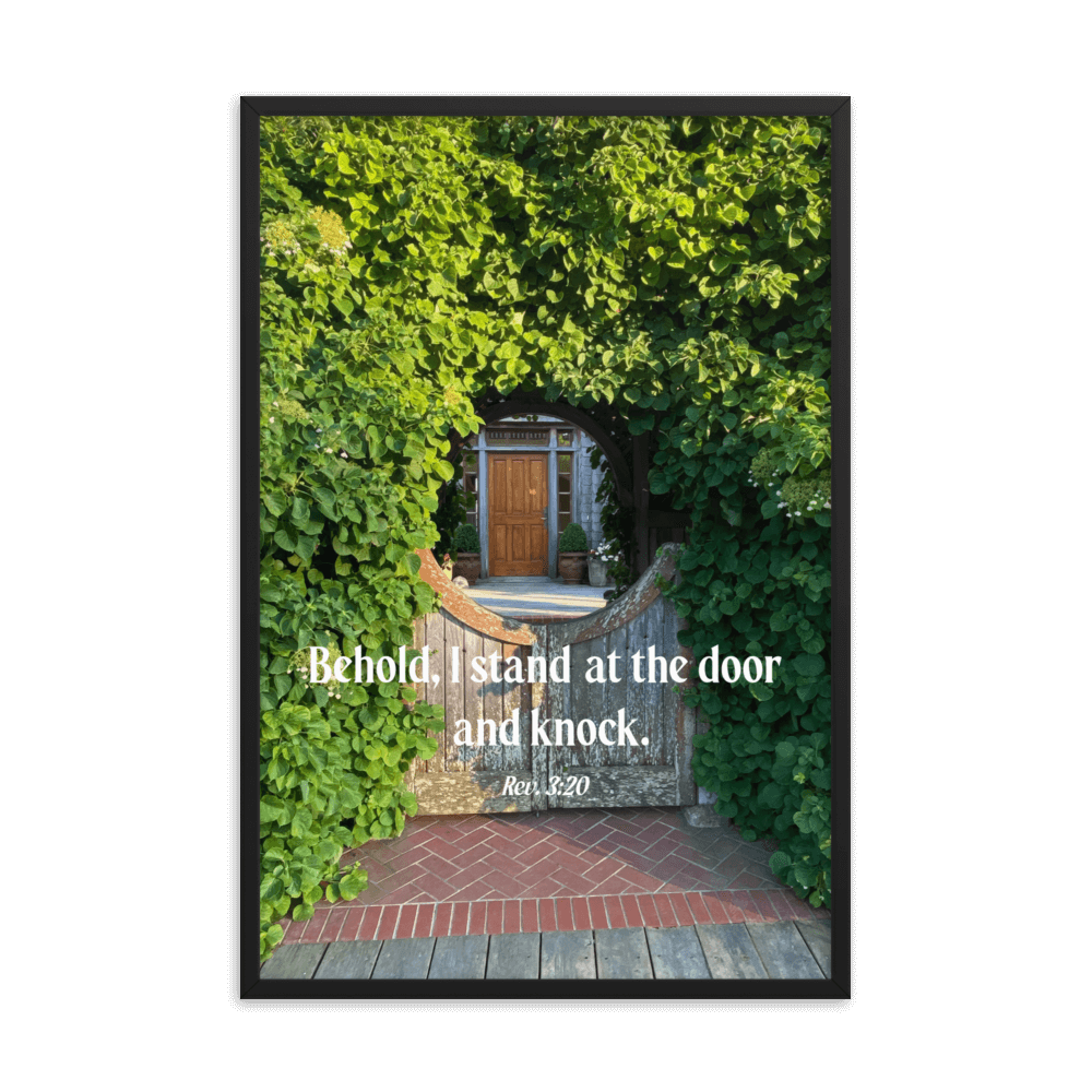 Revelation 3:20 Bible Verse, Garden Doorway Enhanced Matte Paper Framed Poster Wall Art Black 24″×36″
