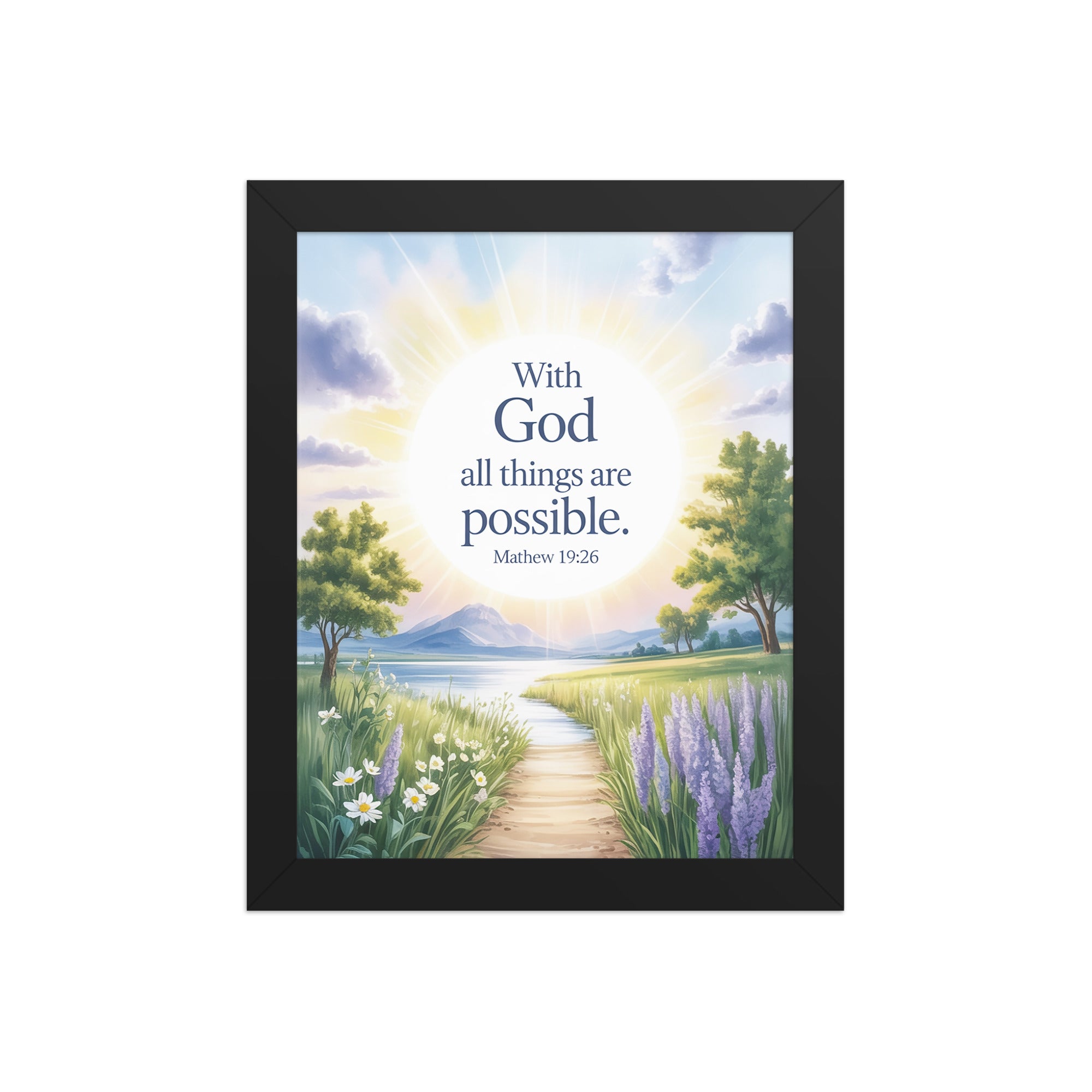 Matthew 19:26 Bible Verse Looking at Enhanced Matte Paper Framed Poster Black 8″×10″