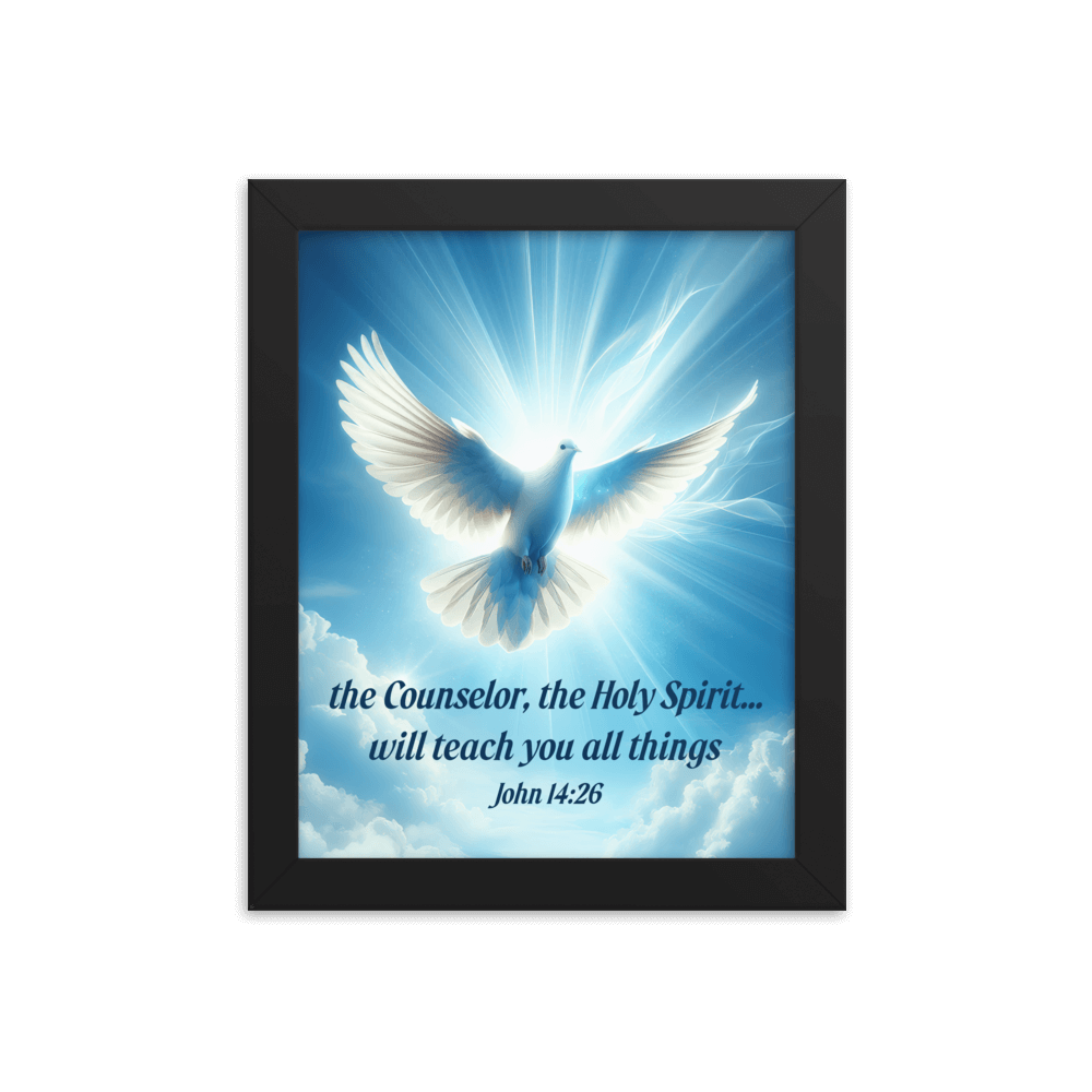 John 14:26 Bible Verse, Holy Spirit Dove Enhanced Matte Paper Framed Poster Wall Art Black 8″×10″