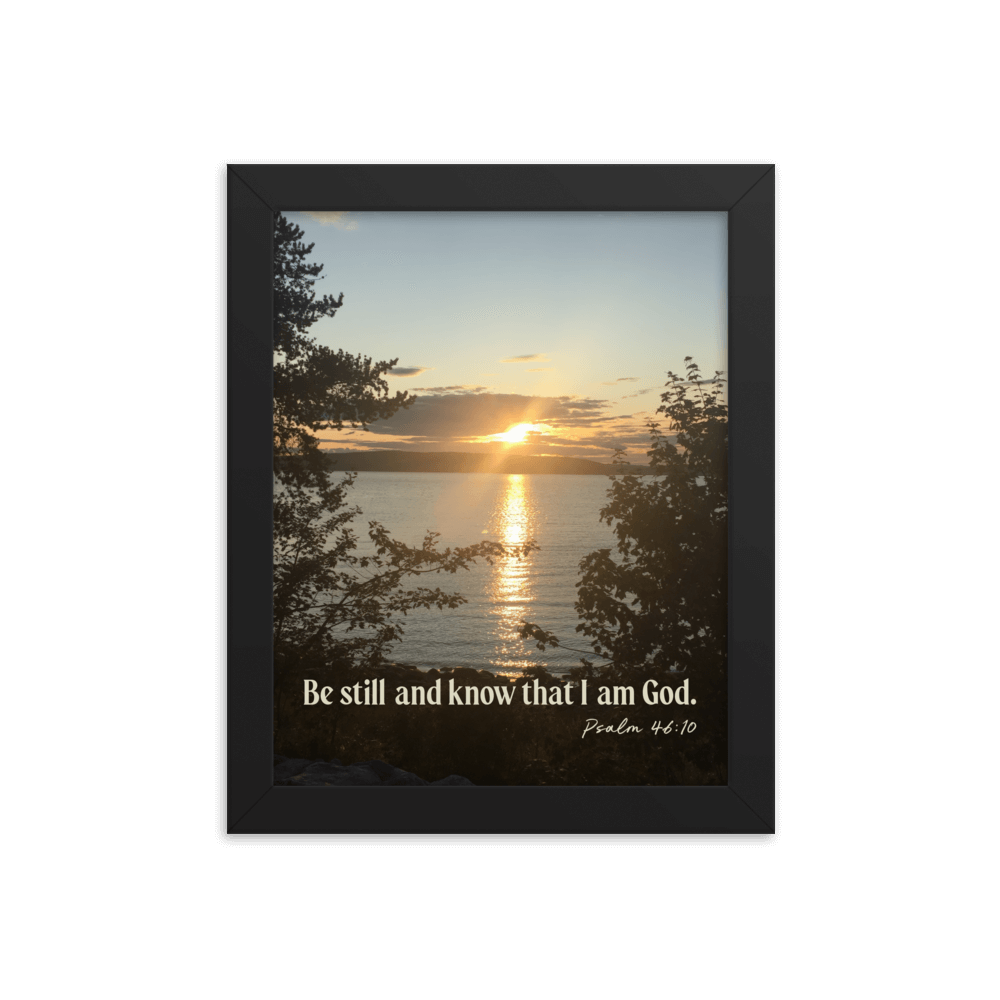 Psalm 46:10 Bible Verse, Sunset Glory Enhanced Matte Paper Framed Poster Wall Art Black 8″×10″
