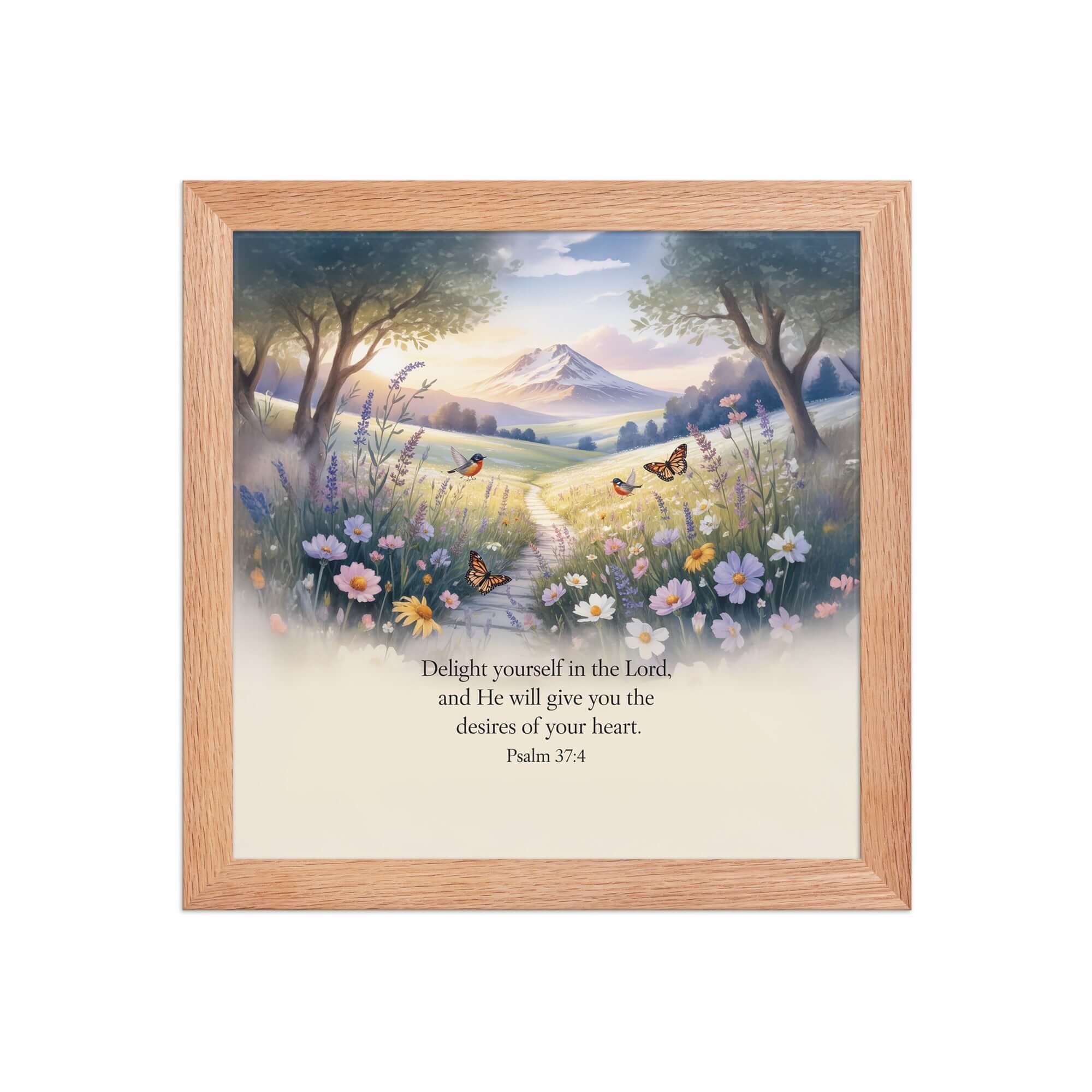 Psalm 37:4 Bible Verse, Delight Enhanced Matte Paper Framed Poster Red Oak 10″×10″