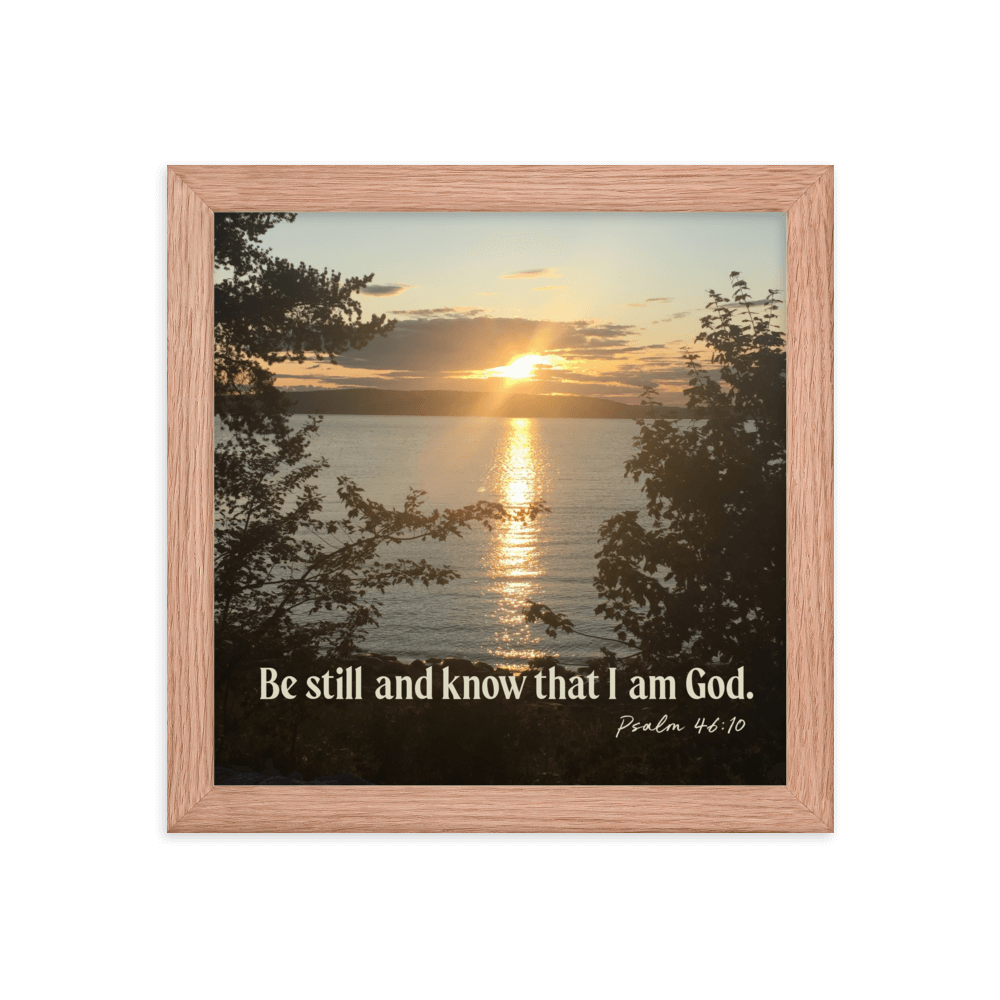 Psalm 46:10 Bible Verse, Sunset Glory Enhanced Matte Paper Framed Poster Wall Art Red Oak 10″×10″