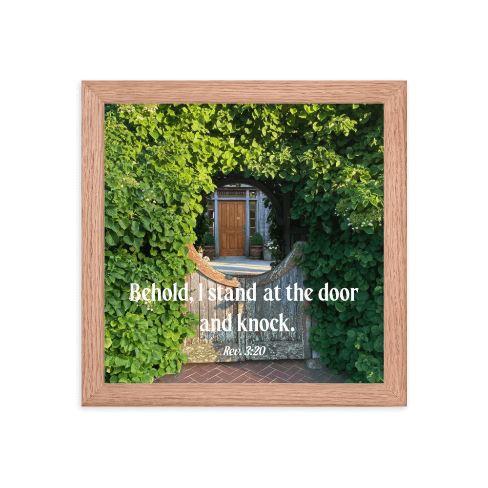 Revelation 3:20 Bible Verse, Garden Doorway Enhanced Matte Paper Framed Poster Wall Art Red Oak 10″×10″