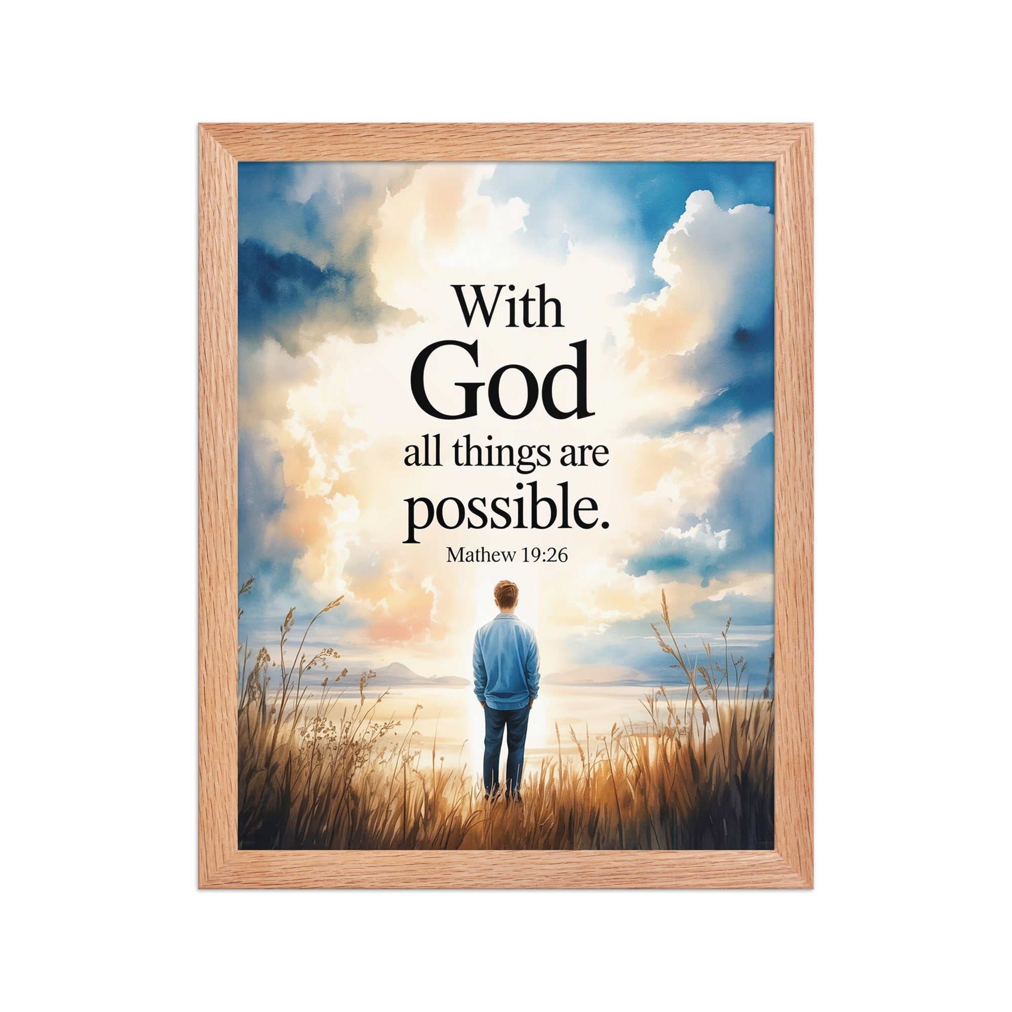 Matthew 19:26 Bible Verse Jesus Enhanced Matte Paper Framed Poster Red Oak 11″×14″