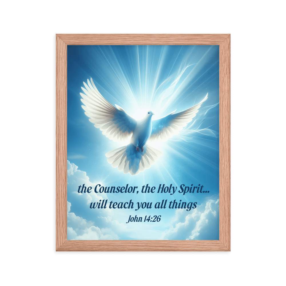 John 14:26 Bible Verse, Holy Spirit Dove Enhanced Matte Paper Framed Poster Wall Art Red Oak 11″×14″
