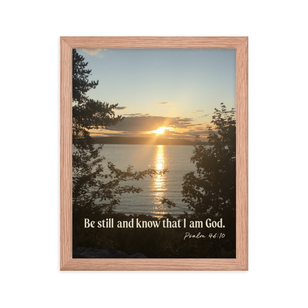 Psalm 46:10 Bible Verse, Sunset Glory Enhanced Matte Paper Framed Poster Wall Art Red Oak 11″×14″