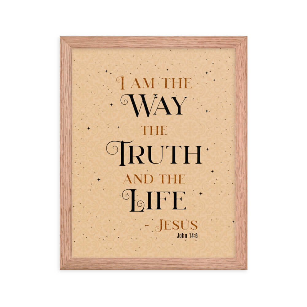 John 14:6 Bible Verse, Color Text Brown Background Enhanced Matte Paper Framed Poster Wall Art Red Oak 11″×14″