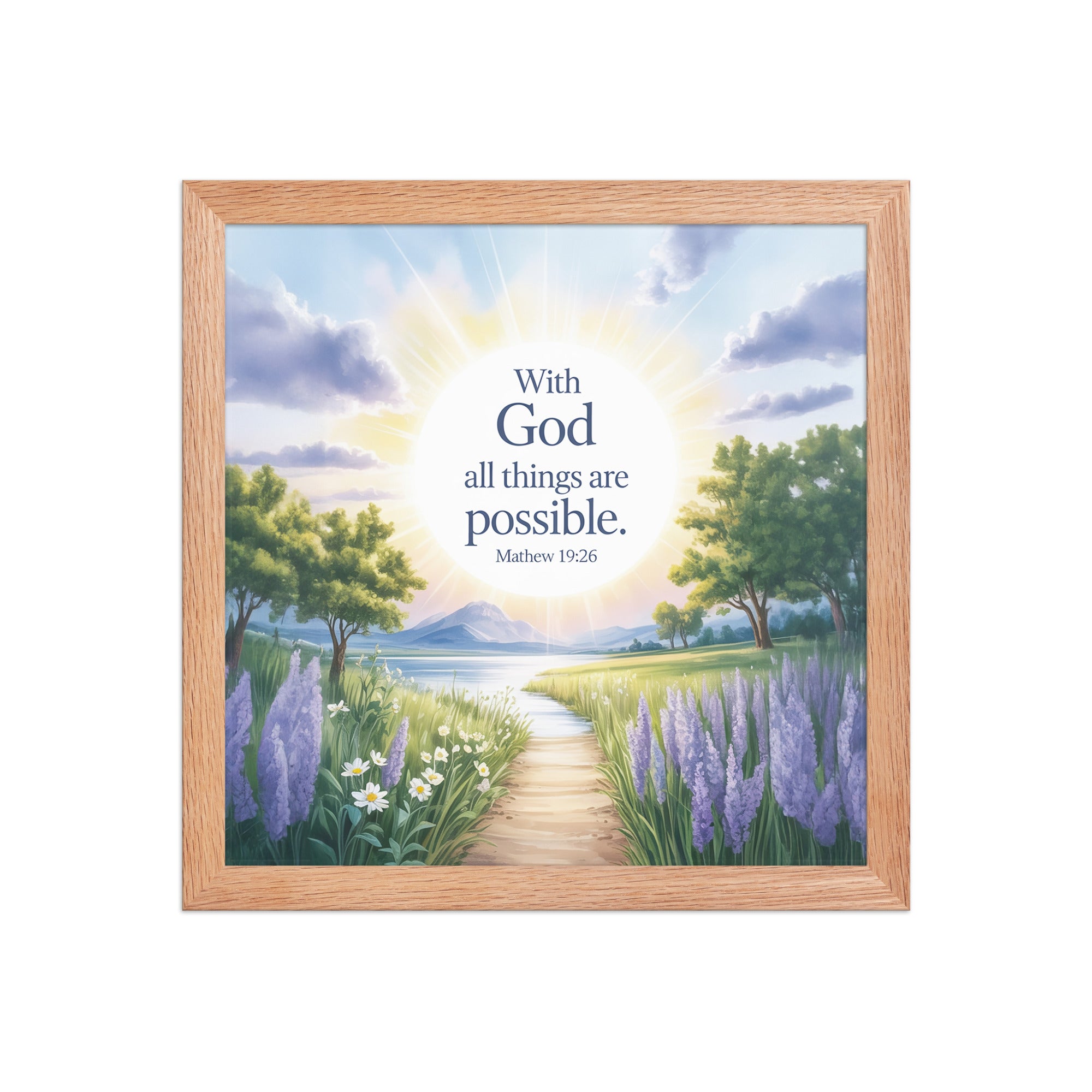 Matthew 19:26 Bible Verse Looking at Enhanced Matte Paper Framed Poster Red Oak 12″×12″