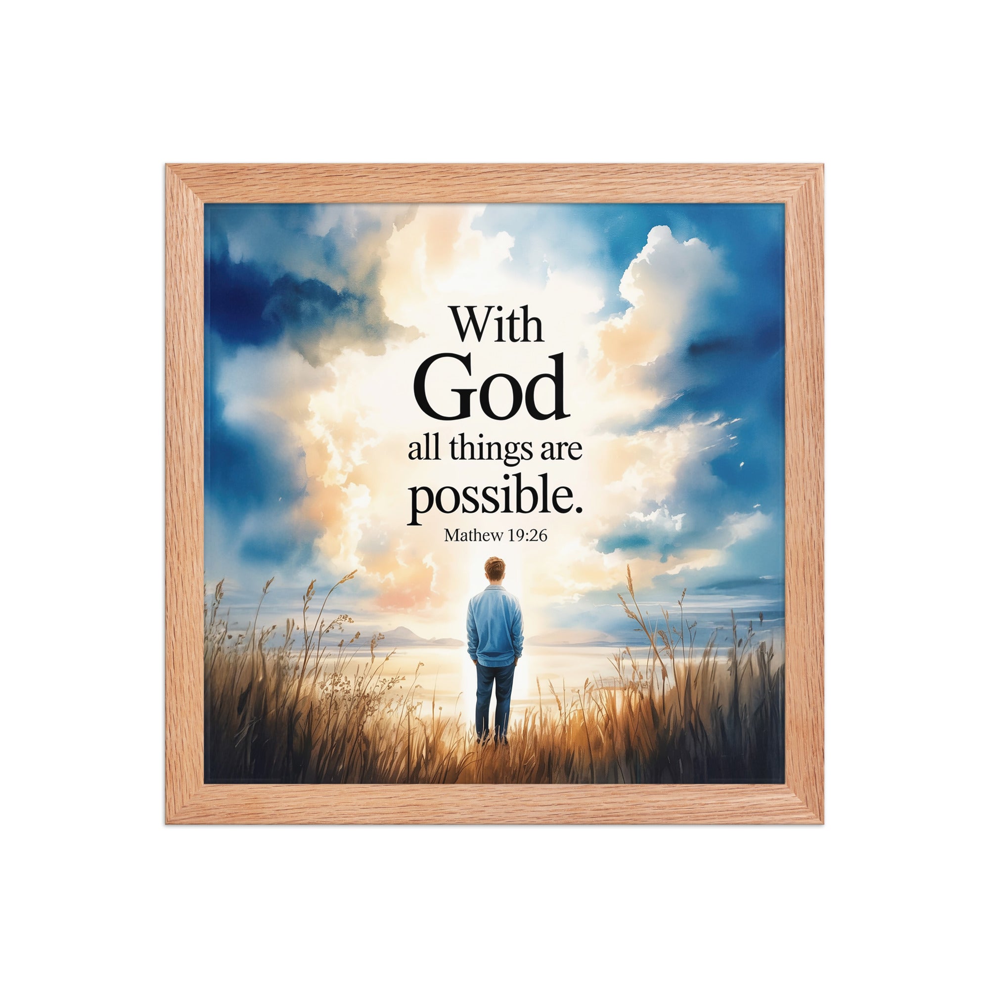 Matthew 19:26 Bible Verse Jesus Enhanced Matte Paper Framed Poster Red Oak 12″×12″