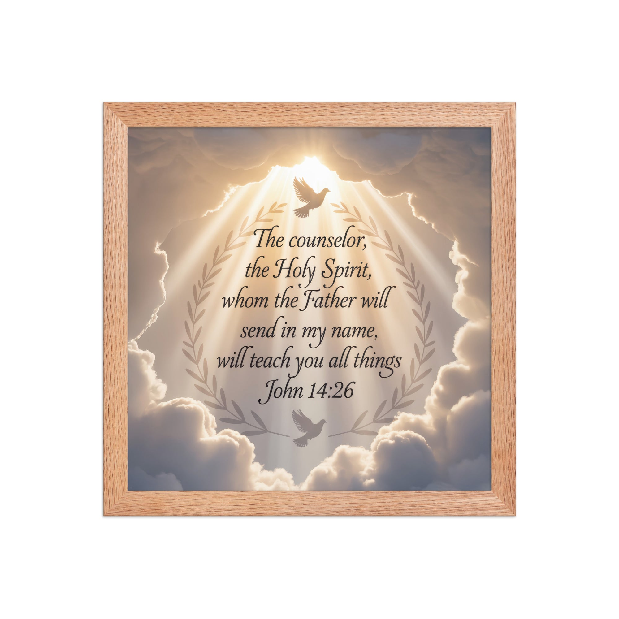 John 14:26 Bible Verse Counselor Enhanced Matte Paper Framed Poster Red Oak 12″×12″