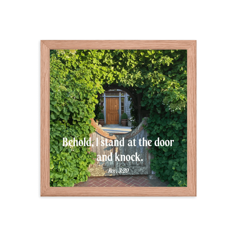 Revelation 3:20 Bible Verse, Garden Doorway Enhanced Matte Paper Framed Poster Wall Art Red Oak 12″×12″