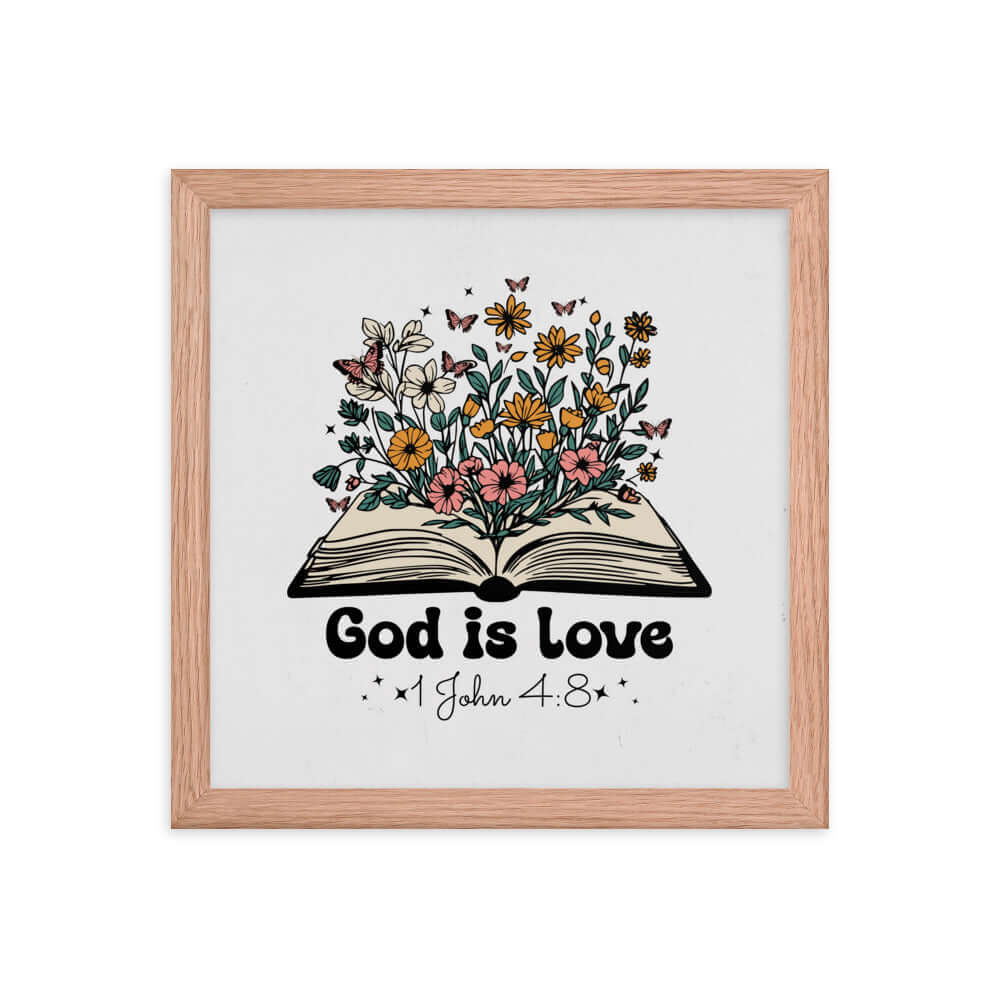 1 John 4:8 Bible Verse, God is Love Enhanced Matte Paper Framed Poster Wall Art Red Oak 12″×12″