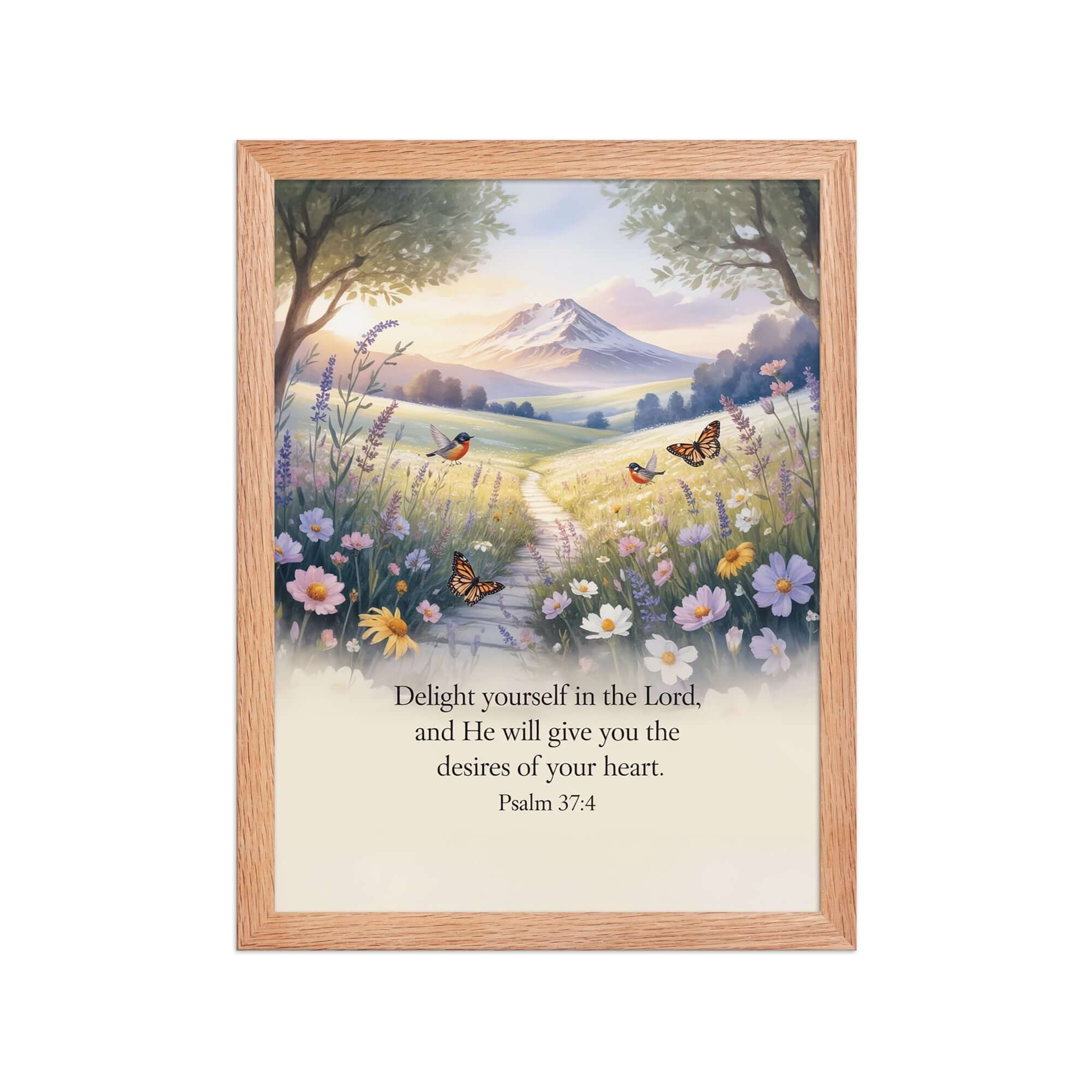 Psalm 37:4 Bible Verse, Delight Enhanced Matte Paper Framed Poster Red Oak 12″×16″