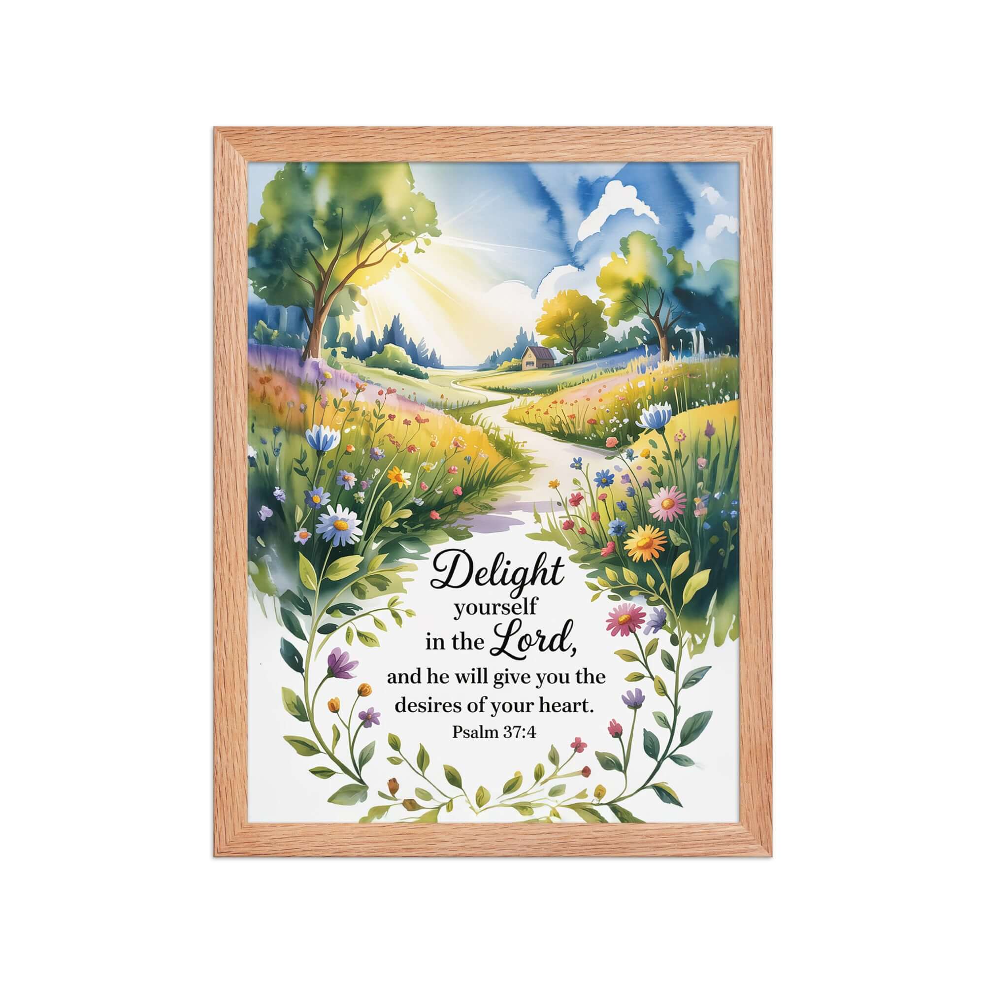 Psalm 37:4 Bible Verse, desires Enhanced Matte Paper Framed Poster Red Oak 12″×16″