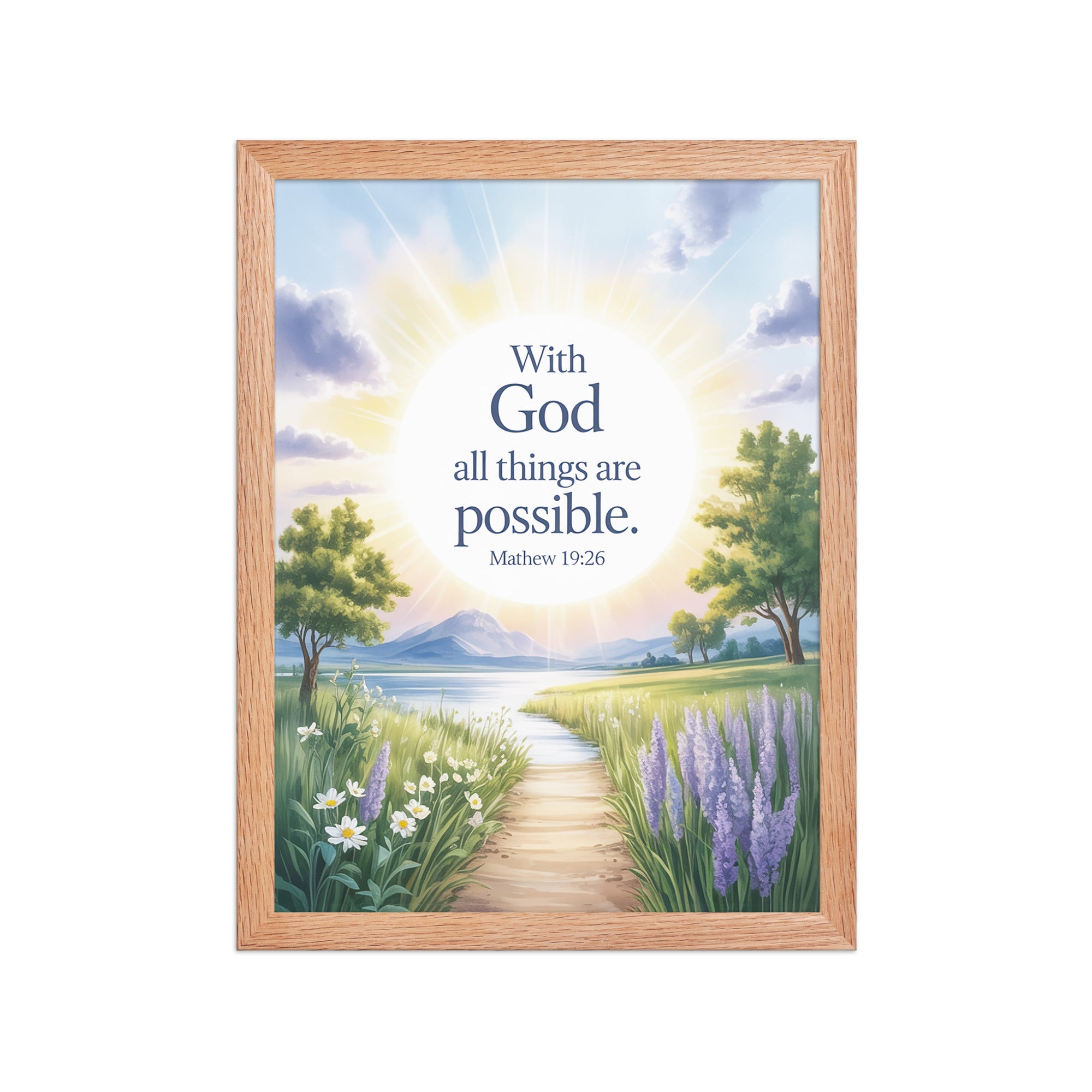 Matthew 19:26 Bible Verse Looking at Enhanced Matte Paper Framed Poster Red Oak 12″×16″