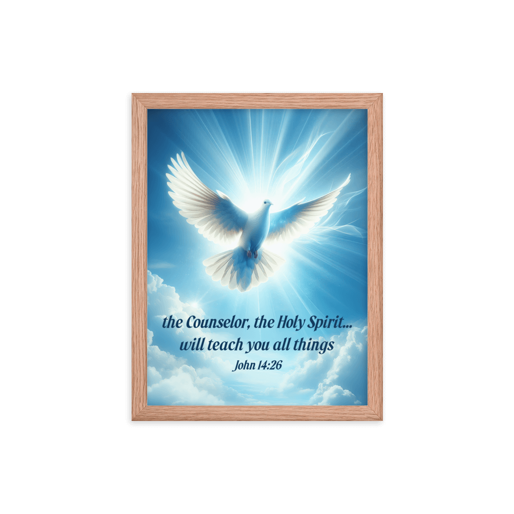 John 14:26 Bible Verse, Holy Spirit Dove Enhanced Matte Paper Framed Poster Wall Art Red Oak 12″×16″