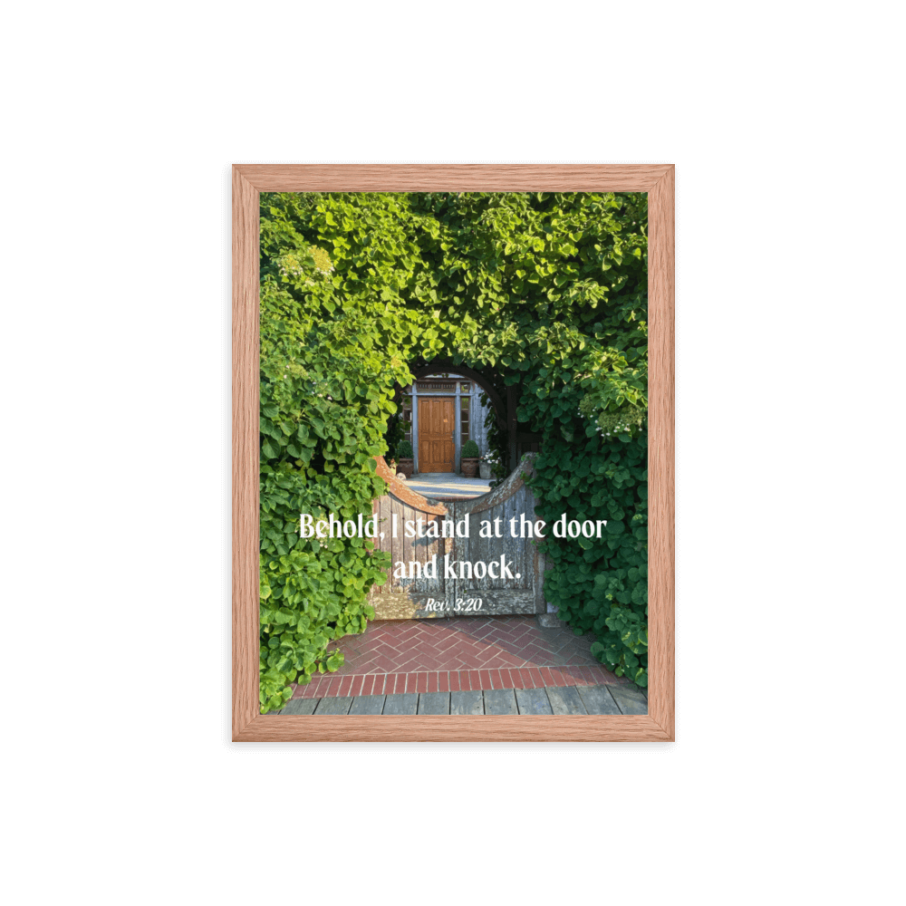 Revelation 3:20 Bible Verse, Garden Doorway Enhanced Matte Paper Framed Poster Wall Art Red Oak 12″×16″