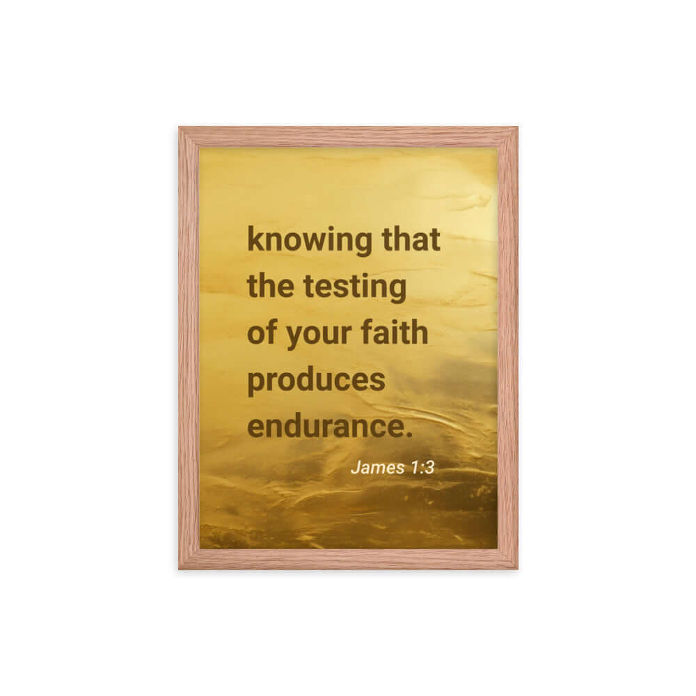 James 1:3 Bible Verse, testing of your faith Enhanced Matte Paper Framed Poster Wall Art Red Oak 12″×16″