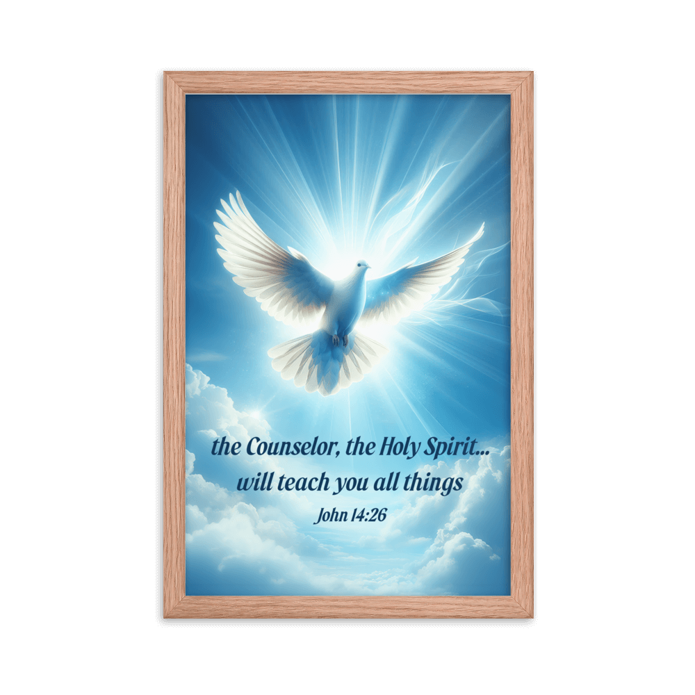 John 14:26 Bible Verse, Holy Spirit Dove Enhanced Matte Paper Framed Poster Wall Art Red Oak 12″×18″