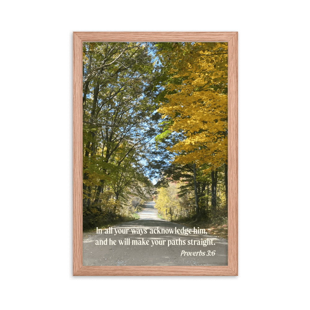 Proverbs 3:6 Bible Verse, Fall Road Enhanced Matte Paper Framed Poster Wall Art Red Oak 12″×18″