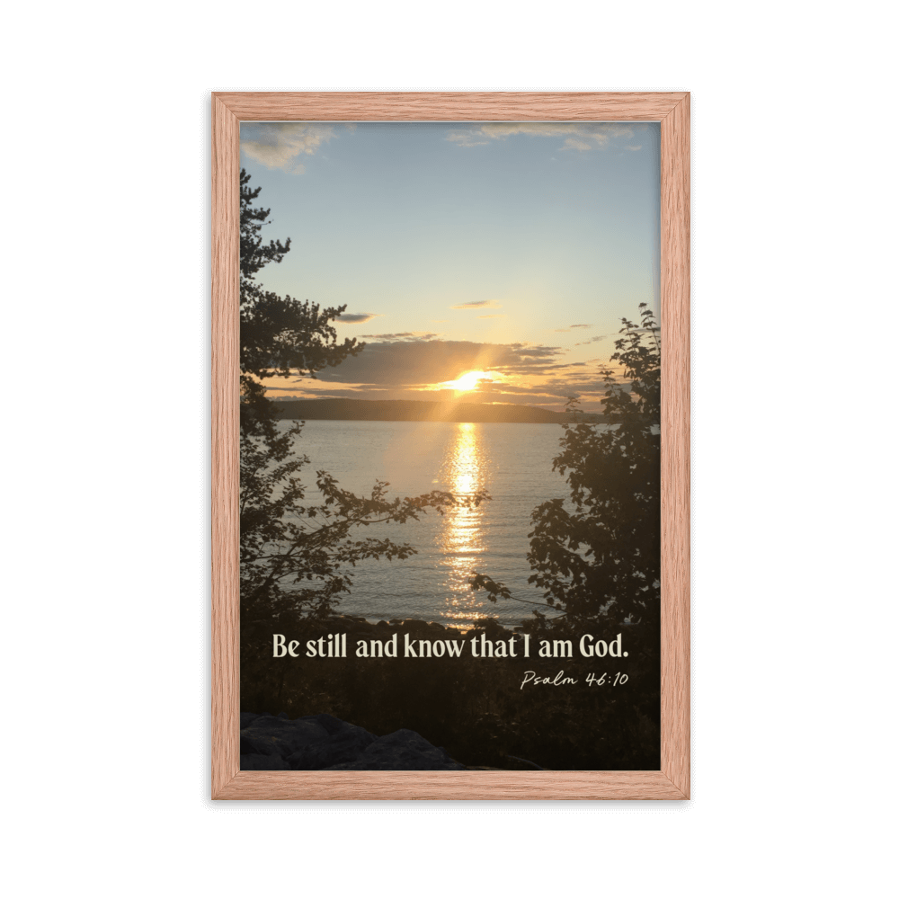 Psalm 46:10 Bible Verse, Sunset Glory Enhanced Matte Paper Framed Poster Wall Art Red Oak 12″×18″