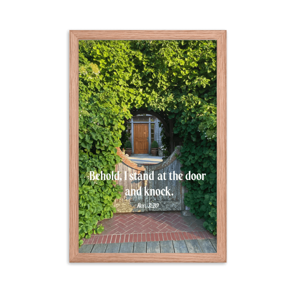Revelation 3:20 Bible Verse, Garden Doorway Enhanced Matte Paper Framed Poster Wall Art Red Oak 12″×18″