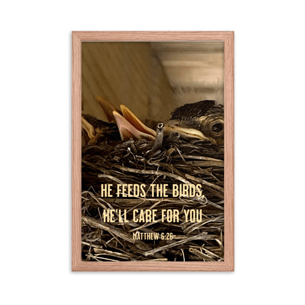 Matthew 6:26 Baby Robins, He'll Care for You Enhanced Matte Paper Framed Poster Wall Art Red Oak 12″×18″