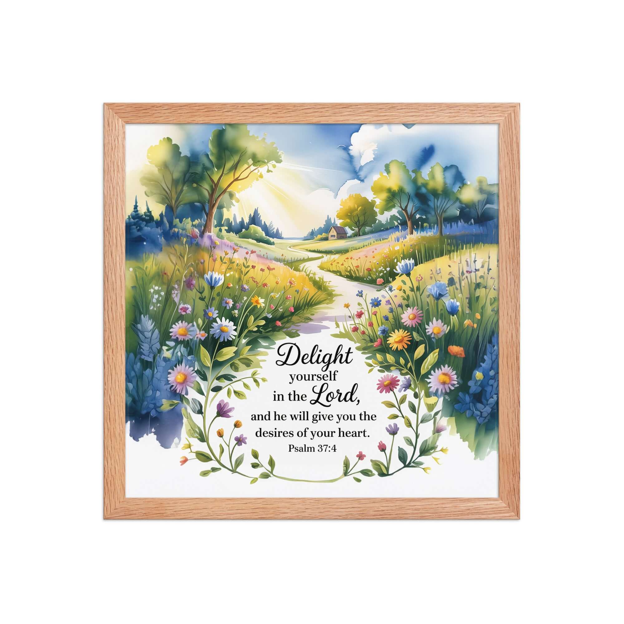 Psalm 37:4 Bible Verse, desires Enhanced Matte Paper Framed Poster Red Oak 14″×14″