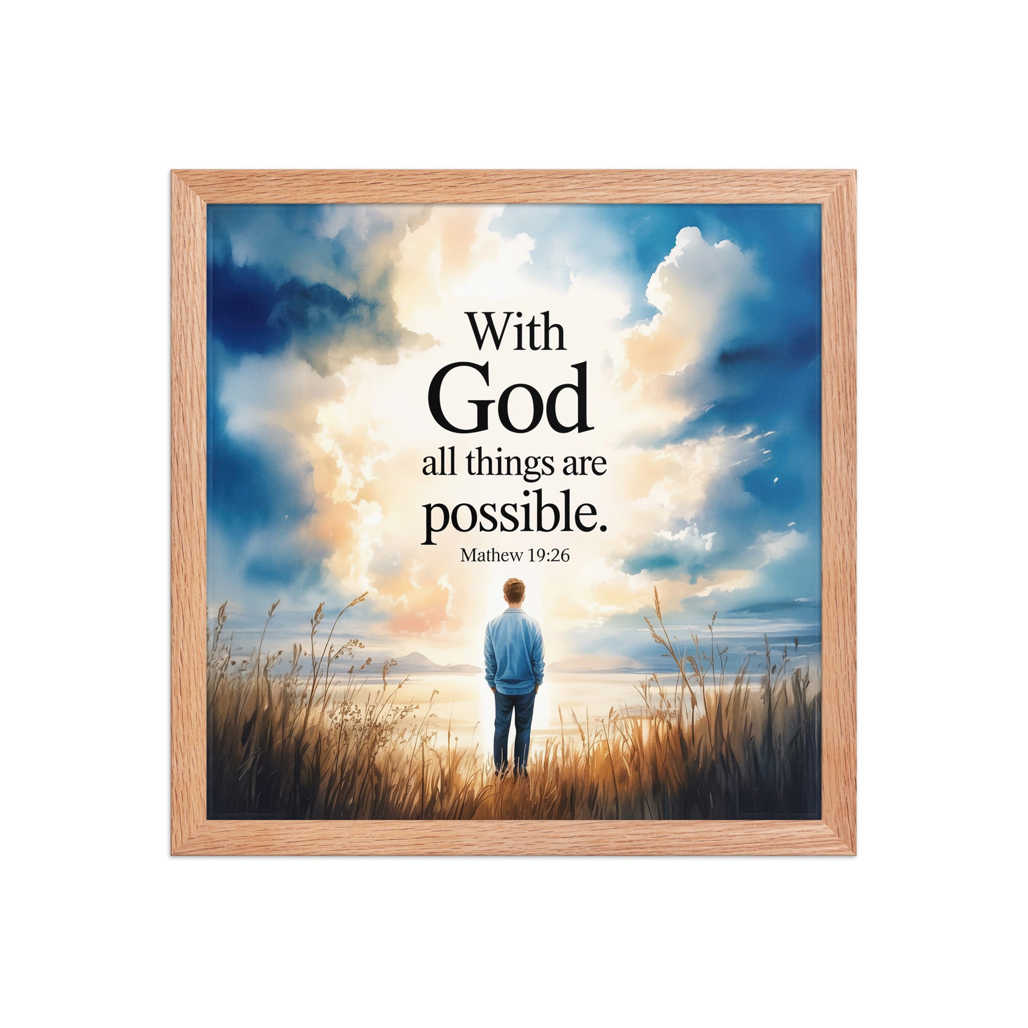 Matthew 19:26 Bible Verse Jesus Enhanced Matte Paper Framed Poster Red Oak 14″×14″