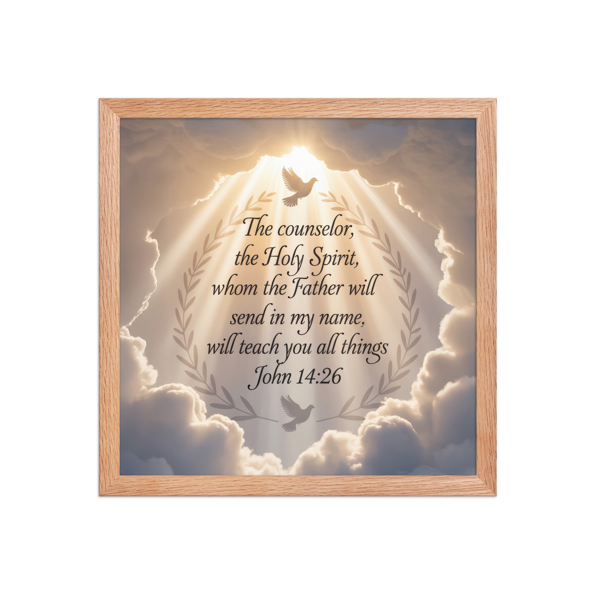 John 14:26 Bible Verse Counselor Enhanced Matte Paper Framed Poster Red Oak 14″×14″