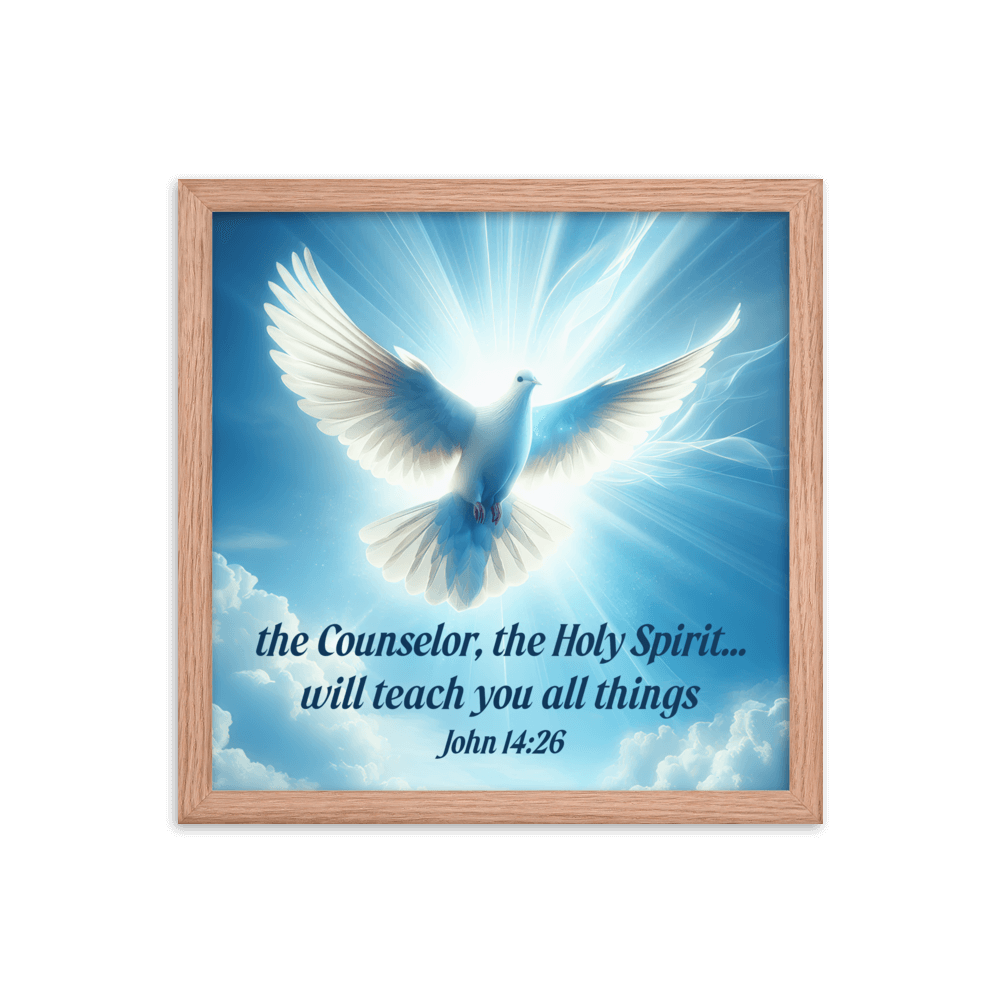 John 14:26 Bible Verse, Holy Spirit Dove Enhanced Matte Paper Framed Poster Wall Art Red Oak 14″×14″