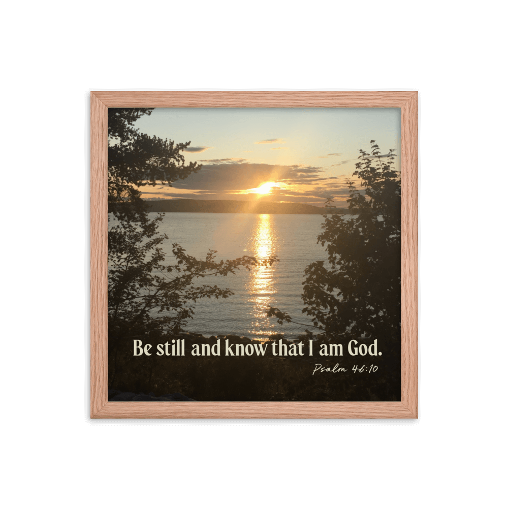 Psalm 46:10 Bible Verse, Sunset Glory Enhanced Matte Paper Framed Poster Wall Art Red Oak 14″×14″
